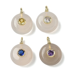 Серый агат Плоские круглые подвески из натурального серого агата, с латунными микро проложить кубических выводы циркония, золотые, 18.5x14x8 мм, отверстие : 2x1 мм