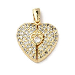 Настоящее золото 18K Латунные микропаве кубические цирконии открывающиеся подвески, сердце прелести, без кадмия и без свинца, долговечный, стойки покрытие, реальный 18 k позолоченный, 24x18.5x5.5 мм, отверстие : 4.5x1.5 мм