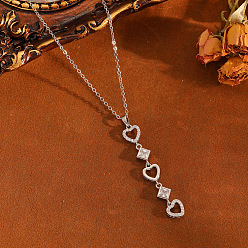 Stainless Steel Color Brass Pave Clear Cubic Zirconia Heart Tassel Long Pendant 304 Stainless Steel Cable Chain Necklaces for Women, Stainless Steel Color, 15.75 inch(40cm), Pendant: 55x9mm