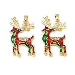 Олень Рождественские латунные эмалевые подвески с микропаве из кубических цирконий, стойки покрытие, без кадмия и без свинца, долговечный, золотые, олень, 27.5x20x4 мм, отверстие : 5x3 мм