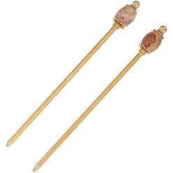 Golden 2Pcs Brass Hair Sticks, with Natural Picture Jasper, Golden, 150mm