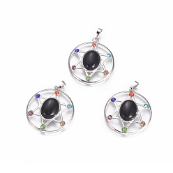 (946F)Морозный цвет внутри  Жонкиль / Непрозрачная зеленая подкладка Стиль чакр, натуральный черный агат подвески, с платиновым тоном латуни и горный хрусталь, плоские круглые со звездой, окрашенная и подогревом, 38.5x34x8.5 мм, отверстие : 7x4 мм