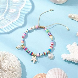 Pink Браслеты с подвесками из синтетической бирюзы и искусственного жемчуга ABS, Браслеты из бисера ручной работы из полимерной глины heishi для женщин, форма раковины и морская звезда, розовые, внутренний диаметр: 2-1/4~2-7/8 дюйм (5.55~7.2 см)