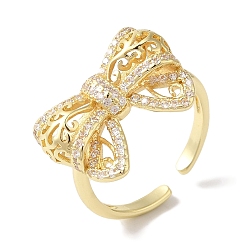 Настоящее золото 18K Открытые манжеты из латуни с бантом и микро-паве с прозрачным цирконием для женщин, реальный 18 k позолоченный, бант : 13x20 мм, регулируемый