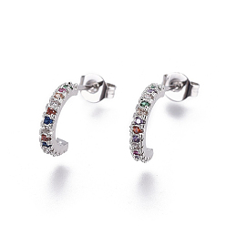 Platinum Brass Micro Pave Cubic Zirconia Stud Earrings, Half Hoop Earrings, with Brass Ear Nuts, Moon, Colorful, Platinum, 18.5x11x2mm, Pin: 0.7mm
