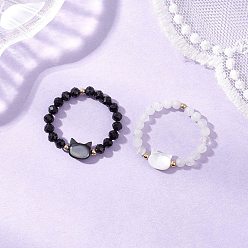 (52) Непрозрачная лаванда Кольца с бусинами из натурального радужного лунного камня и натурального черного турмалина, с натуральными бусинами из ракушек белого цвета и натурального черного цвета, латунными бусинами и эластичной хрустальной нитью, разноцветные, 3.5~6 мм, размер США 8 1/2 (18.5 мм)