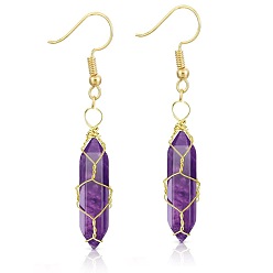 Золотой Серьги-колонны ручной работы с аметистом и шестигранником из медной проволоки, серьги-колонны из натурального камня, золотые