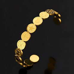 Золотой 201 Браслеты-манжеты из нержавеющей стали для женщин, плоские, круглые, с крестом, бабочкой, сердцем, звездой и цветком., золотые, внутренний диаметр: 2.32 дюйм (5.9 см)