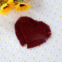Dark Red Cotton Macrame Cup Mats, Handmade Braided Tassel Coaster, Heart, Dark Red, 150x200mm