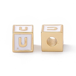 Letter U Стойки покрытие латунь эмаль бисер, без кадмия, без никеля и без свинца, реальный 18 k позолоченный, куб с письмом, серый, letter.u, 6x6x6 мм, отверстие : 2.5 мм
