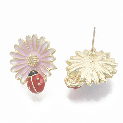 Pink Alloy Enamel Ear Studs, Daisy with Ladybird, Light Gold, Pink, 18.5x16mm, Pin: 0.7mm