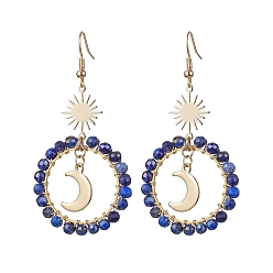 Golden Moon & Star Copper Wire Wrapped Dangle Earrings, Natural Lapis Lazuli Beaded Long Drop Earrings, Golden, 65x33mm