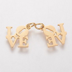 Золотой Вакуумное покрытие pvd 304 подвески из нержавеющей стали, Слово любовь, золотые, 16x16x1 мм, отверстие : 3 мм