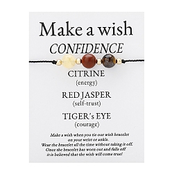 Смешанные камни Регулируемые круглые браслеты из плетеных бусин из натурального тигрового глаза, красной яшмы, цитрина и латуни, 6-1/4~10-1/4 дюйм (16~26 см)