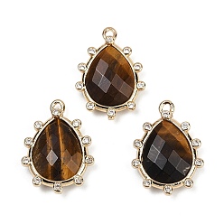 Тигровый глаз Граненые подвески из натурального тигрового глаза, с подвесками-каплями из прозрачного кубического циркония с покрытием из латуни, золотые, 21x15x5 мм, отверстие : 1.4 мм