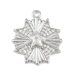 Платина Латунные микропаве прозрачные подвески с фианитом, цветок со звездным узором, без кадмия, без никеля и без свинца, платина, 20x17.5x4.5 мм, отверстие : 1.6 мм