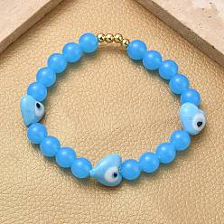 Темно-Голубой Женские эластичные браслеты из латуни, пластика и бусин в технике лэмпворк, сердце с узором от сглаза, стойки покрытие, без свинца и без кадмия, долговечный, глубокое синее небо, внутренний диаметр: 2-1/4 дюйм (5.85 см)