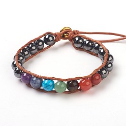 Гематит Браслеты из синтетического гематита, натуральный и синтетический смешанный камень, с кожаным шнуром и застежками из сплава, ом символ, античное золото , 7-1/4 дюйм ~ 8-1/8 дюйм (18.5~20.5 см), 1 мм