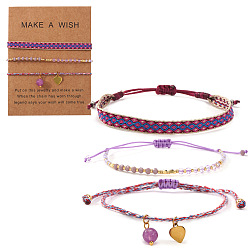 Сливовый 3 шт. 3 стильный регулируемый браслет из нейлонового шнура в богемном стиле, браслет из стеклянных бусин и 304 набор браслетов с подвесками в виде сердечек из нержавеющей стали для женщин, с открытки, слива, 11.02 дюйм (28 см)