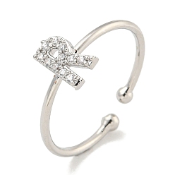 Letter R Латунные открытые манжеты для женщин, с кубического циркония, без кадмия и без свинца, долговечный, буквы, Буква R, внутренний диаметр: 17.5 мм, Письмо: 8.9x5 мм