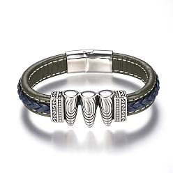 Темно-оливково-зеленый Мужские плетеные браслеты шнур кожаный, с 304 выводов из нержавеющей стали и магнитных застежках, темно-оливковый зеленый, 8-5/8 дюйм (220 мм)