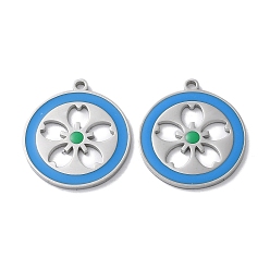 Stainless Steel Color 304 Stainless Steel Pendants, with Enamel, Flat Round with Sakura Charm, Stainless Steel Color, 22x20x1.5mm, Hole: 1.6mm
