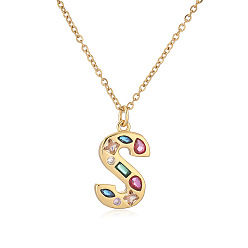 Letter S Ожерелья с подвесками-инициалами из латуни и разноцветными кубическими цирконами для женщин, реальный 18 k позолоченный, Письмо с, 17.72 дюйм (45 см), Кулон : 23x12 мм