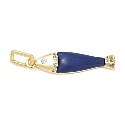 Dark Blue Brass Micro Pave Clear Cubic Zirconia Pendants, with Arylic, Fish Charms, Long-Lasting Plated, Rack Plating, Lead Free & Cadmium Free, Real 18K Gold Plated, Dark Blue, 32x8x4mm, Hole: 6x3mm