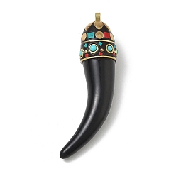 Black Brass & Resin & Polymer Clay & Natural Shell Big Pendants, Horn Cornicello Charm, Black, 91~93.5x22.5~24x23.5~24.5mm, Hole: 4~4.5x4.5~5mm