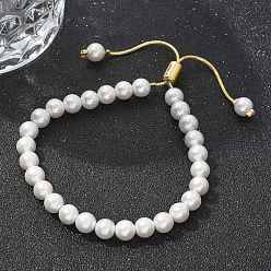 Настоящее золото 18K Браслет-слайдер из ракушек с жемчугом и латунной цепочкой в виде змеи, без свинца и без кадмия, реальный 18 k позолоченный, бусины : 6 мм, внутренний диаметр: 1-3/4~2-5/8 дюйм (4.35~6.65 см)