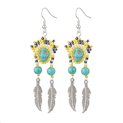 Темно-бирюзовый Железная болтающаяся серьга, со стеклом и синтетической бирюзой, череп, темные бирюзовый, 75x22 мм