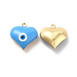 Deep Sky Blue Brass Enamel Pendants, Real 18K Gold Plated, Long-Lasting Plated, Heart with Evil Eye, Deep Sky Blue, 17x16.5x7mm, Hole: 1.2mm