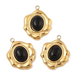 Black Onyx Подвески из натурального черного оникса (окрашенные и нагретые), 304 из нержавеющей стали овальные амулеты, реальный 18 k позолоченный, вакуумное покрытие pvd, 24x19x7.5 мм, отверстие : 2 мм