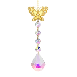 Бабочка Железные висячие украшения, стеклянные бусины цвета ab восьмиугольные ловцы солнца с кисточками для украшения сада на открытом воздухе, бабочка, 335 мм, Бабочка: 160x51 mm