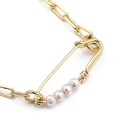 Golden Brass Safety Pin Pendant Necklaces, with Natural Rose Quartz Beads, Shell Pearl Beads, 304 Stainless Steel Toggle Clasps and Cardboard Box, Golden, 15.74 inch(40cm)