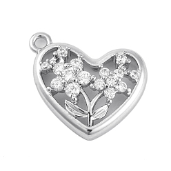 Платина Латунные микропаве прозрачные подвески с фианитом, без кадмия, без никеля и без свинца, Сердце со цветками , платина, 16x19x6 мм, отверстие : 1.5 мм