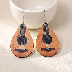 Guitar Wood Dangle Earrings for Women, Platinum, Guitar, 82x37mm