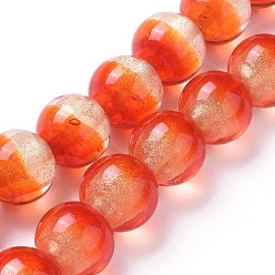 Orange Lampwork Silver Foil Glass Beads Strands, with Gold Powder, Round, Orange, 12~12.5x11~12mm, Hole: 1.5mm, about 30pcs/strand, 13.5 inch(34.5cm)