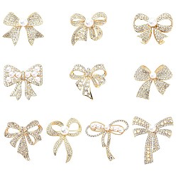 Золотой 10 шт. 10 стили броши-банты из сплава со стразами, с имитацией жемчуга из абс-пластика, золотые, 31~55x38~47 мм, 1 шт / стиль