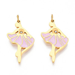 Сливовый 304 нержавеющей стальной эмали подвески, с соединительным кольцом и стразами, реальный 18 k позолоченный, очарование балерины, ионное покрытие (ip), слива, 22x13x1.5 мм, отверстие : 2.5 мм