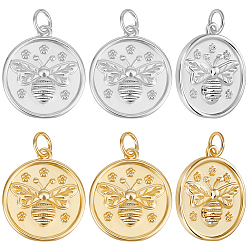 Платиновый & Золотой 10 шт. 2 цвета стойки, латунные подвески, долговечный, без свинца и без кадмия, плоский круг с подвесками в виде пчелы, с целью перехода в кольце, платиной и золотом, 19x17x3 мм, отверстие : 3 мм, 5 шт / цвет