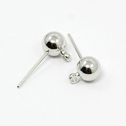 Platinum Brass Ball Post Ear Studs, with Loop, Platinum, about 6mm in diameter, 17mm long, Hole: about 1.5mm, Pin: 0.7mm