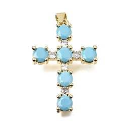 Light Blue Brass Pave Cubic Zirconia Pendants, Cross with Round Charms, Long-Lasting Plated, Cadmium Free & Lead Free, Real 18K Gold Plated, Light Blue, 31.5x21x4mm, Hole: 4x3.5mm