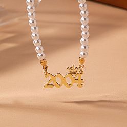 Number Женские ожерелья из круглого белого бисера с имитацией жемчуга и подвеской в виде короны в виде года рождения, золотые, число 2004, 14.96 дюйм (38 см)