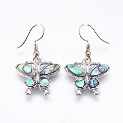 Platinum Abalone Shell/Paua Shell Dangle Earrings, with Brass Findings, Butterfly, Platinum, 39~40mm, Pin: 0.7mm