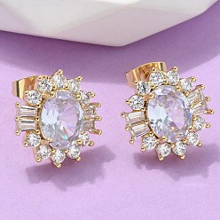 Настоящее золото 16K Серьги-гвоздики из латунного микро-паве, цветок, реальный 16 k позолоченный, 15x14.5 мм