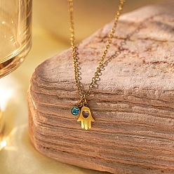 Hamsa Hand Ожерелья из нержавеющей стали с индиголитовыми стразами для женщин, золотые, хамса рука, 16.14~19.69 дюйм (41~50 см)