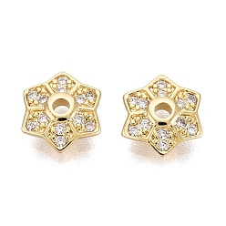 Настоящее золото 18K Колпачки для бусин из прозрачного кубического циркония из латуни, цветок, реальный 18 k позолоченный, 8x7x2 мм, отверстие : 1.4 мм