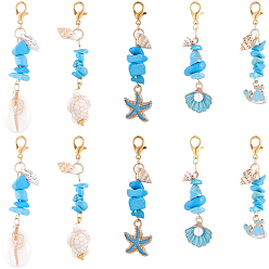 Золотой 25 шт. 5 стили, эмаль из сплава и подвеска в виде ракушки, декорация, подвеска с синтетическими бирюзовыми бусинами и застежкой-когтем из сплава, разнообразные, золотые, 48~59.5 мм, 5 шт / стиль