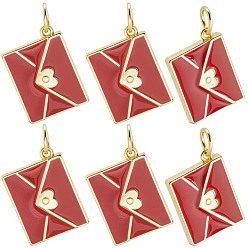 Красный 10подвески из латуни с эмалевым покрытием, с целью перехода в кольце, реальный 18 k позолоченный, долговечный, без кадмия, без никеля и без свинца, конверт очарование, красные, 15x11x2.5 мм, отверстие : 3.4 мм